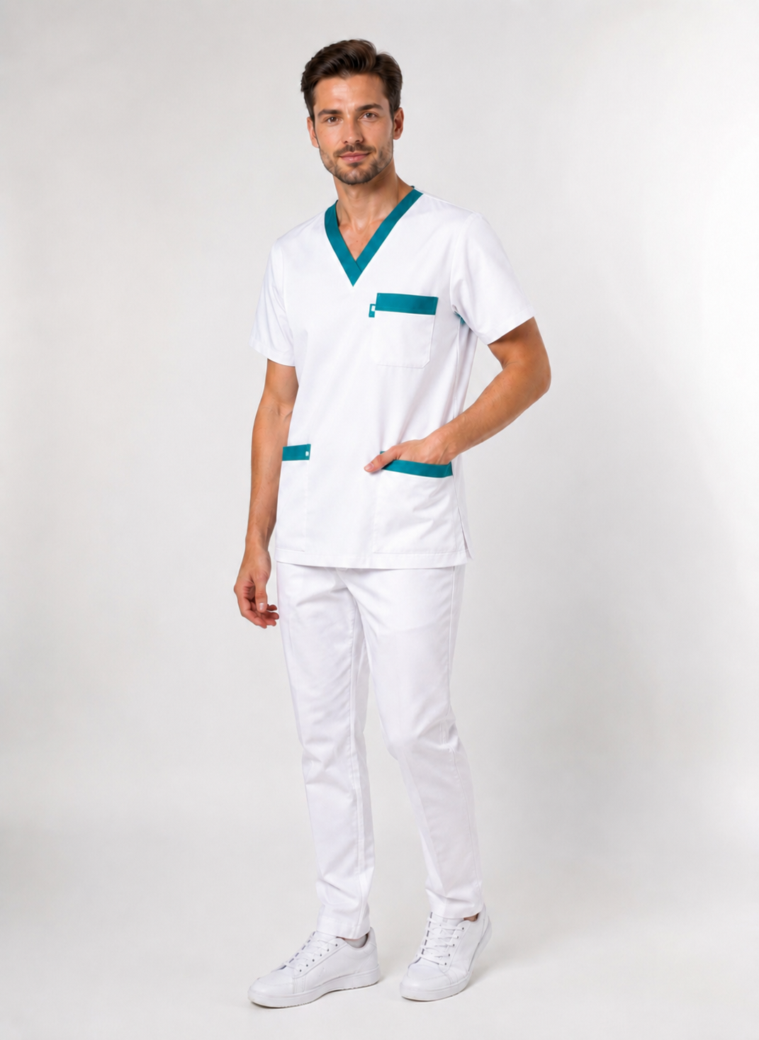 Uniforme Médicale Mixte Col V 100% Coton Respirant – Parements Colorés – Lavable à 95°C