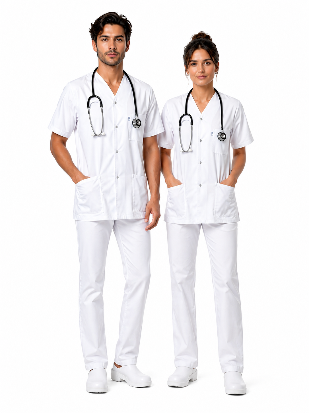 Unisex white V-neck medical scrub top – snap fasteners