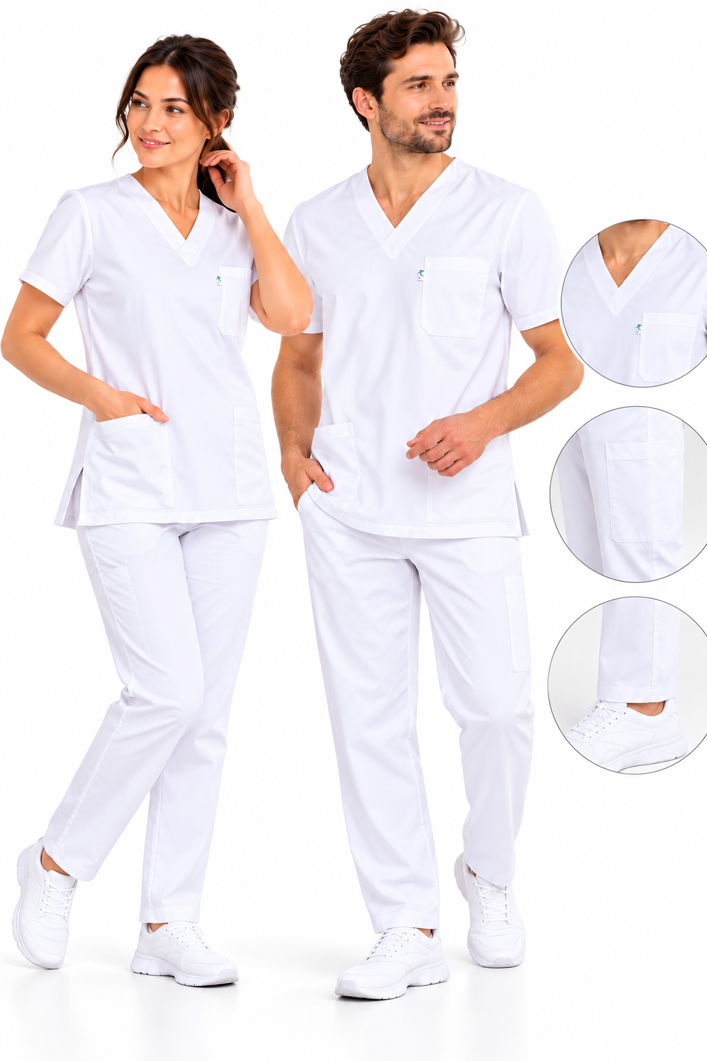 Ensemble médical unisexe blanc 100% coton – Tunique col V + pantalon 6 poches