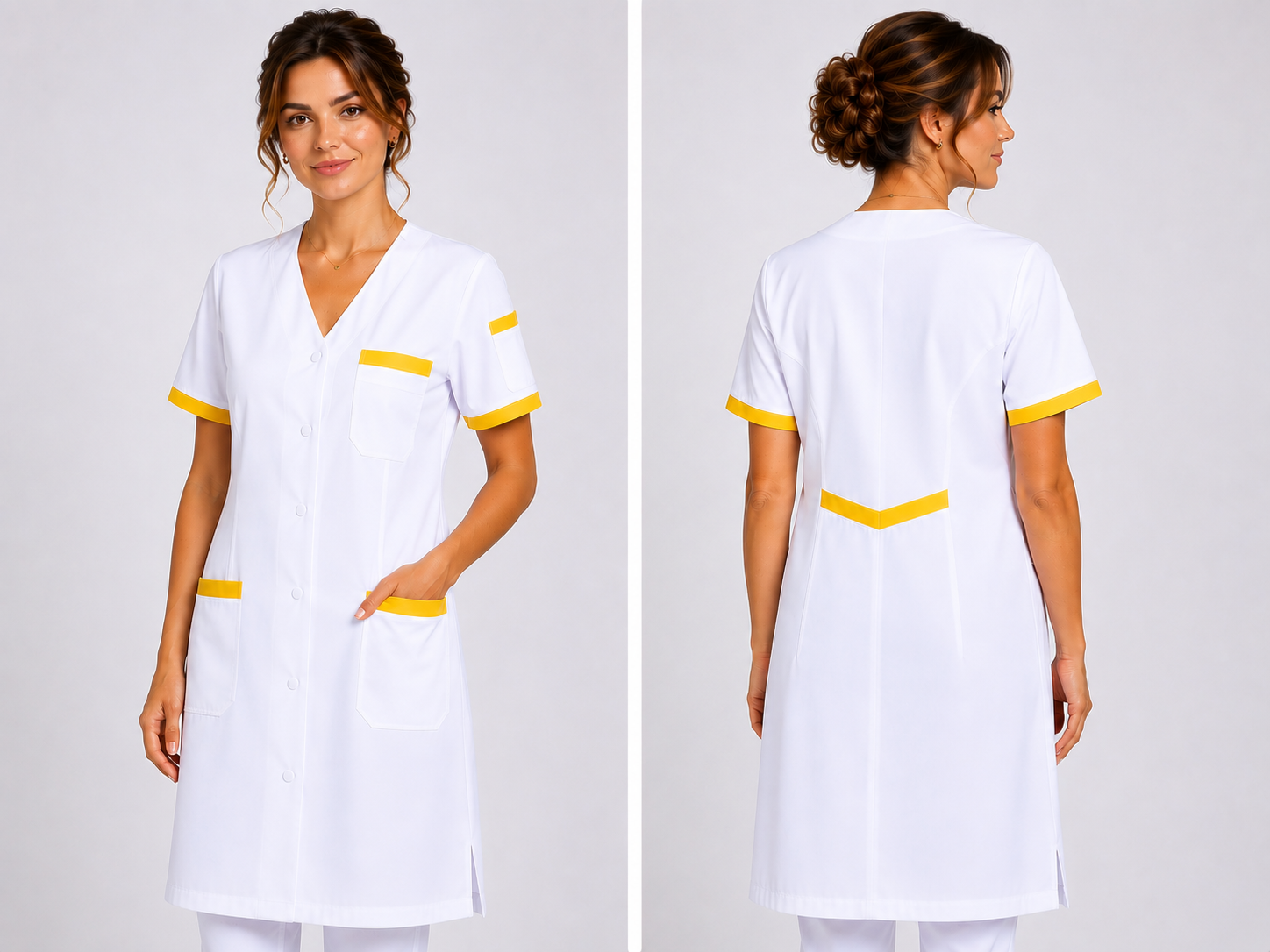 Blouse Médicale Femme Longue 100 cm – Col V, 5 Poches Fonctionnelles, 100% Coton, Usage Professionnel Santé