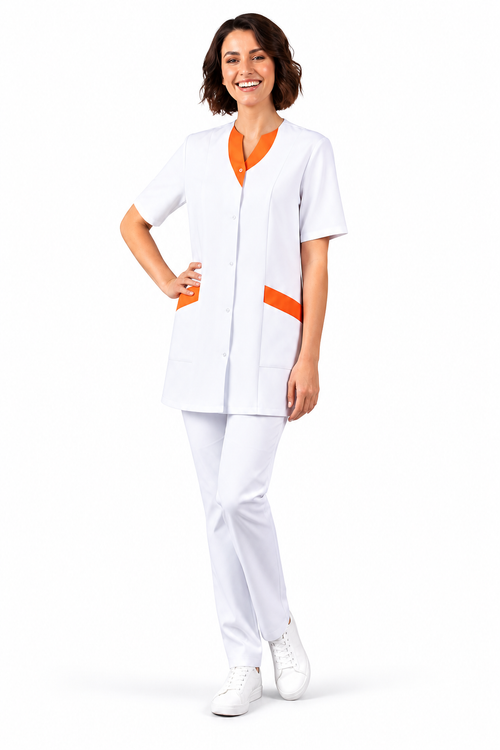Blouse médicale femme col V boutons pression et parements colorés