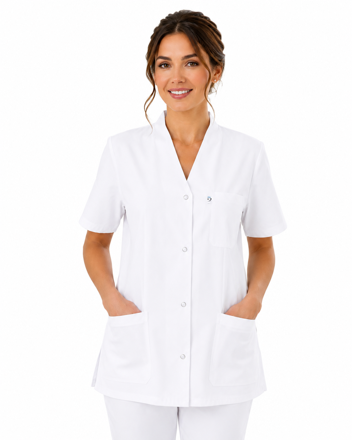 Blouse médicale femme blanche 100% coton – Col V, veste ou officier – Boutons-pression – Infirmière & aide-soignante