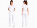 Blouse médicale femme blanche 100% coton – Col V, veste ou officier – Boutons-pression – Infirmière & aide-soignante