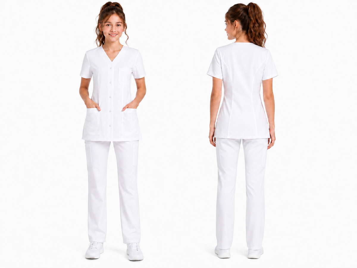 Blouse médicale femme blanche 100% coton – Col V, veste ou officier – Boutons-pression – Infirmière & aide-soignante