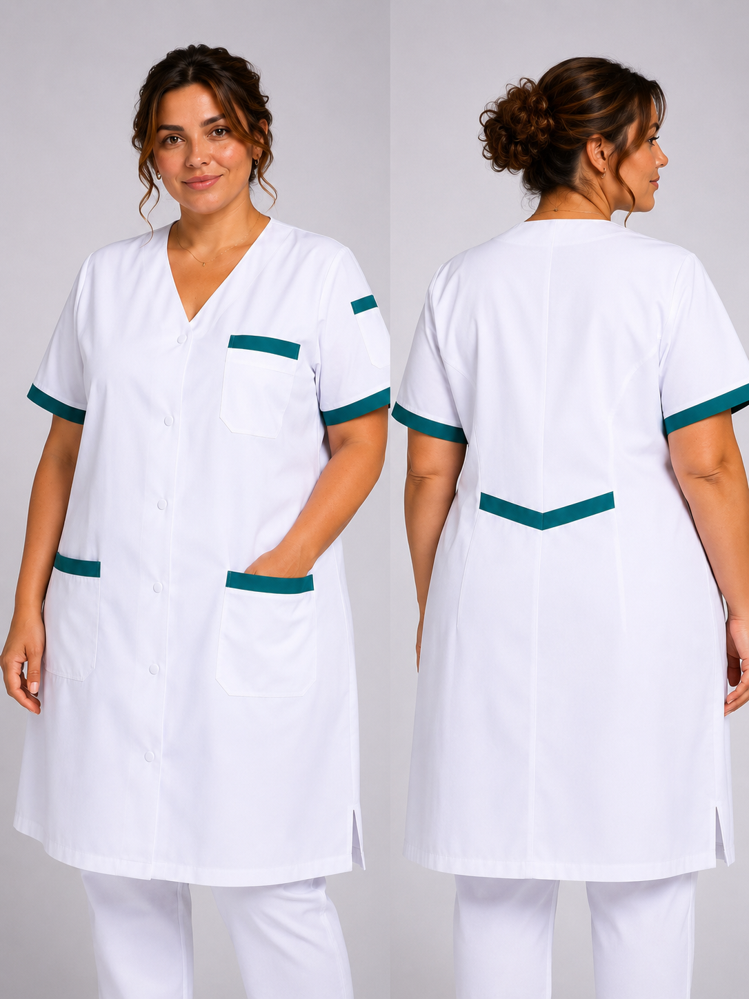 Blouse Médicale Femme Longue 100 cm – Col V, 5 Poches Fonctionnelles, 100% Coton, Usage Professionnel Santé