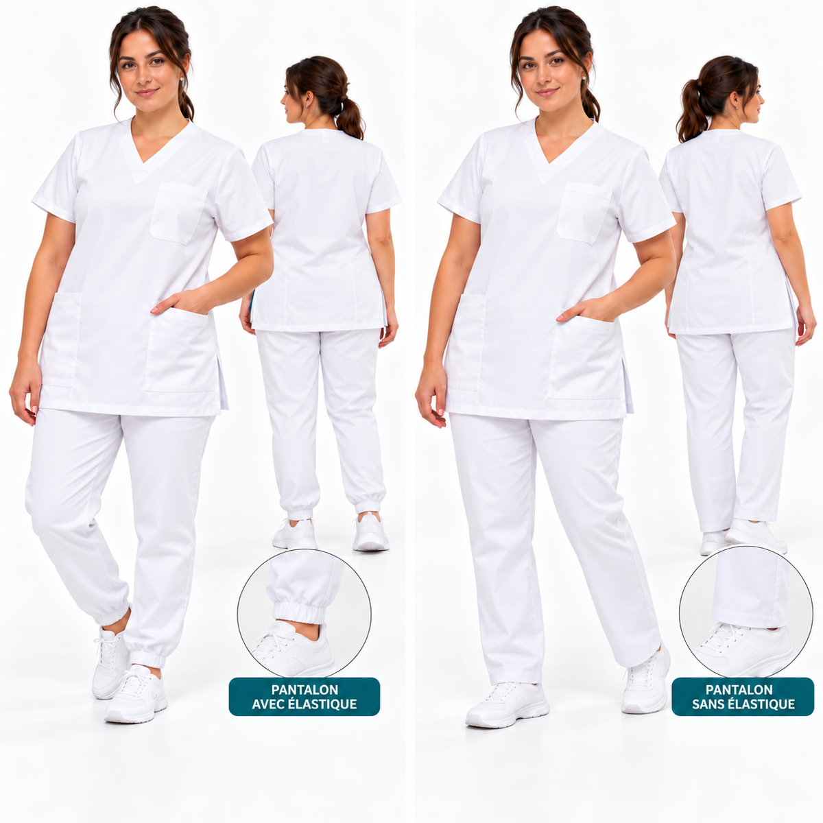 Ensemble médical unisexe blanc 100% coton – Tunique col V + pantalon 6 poches