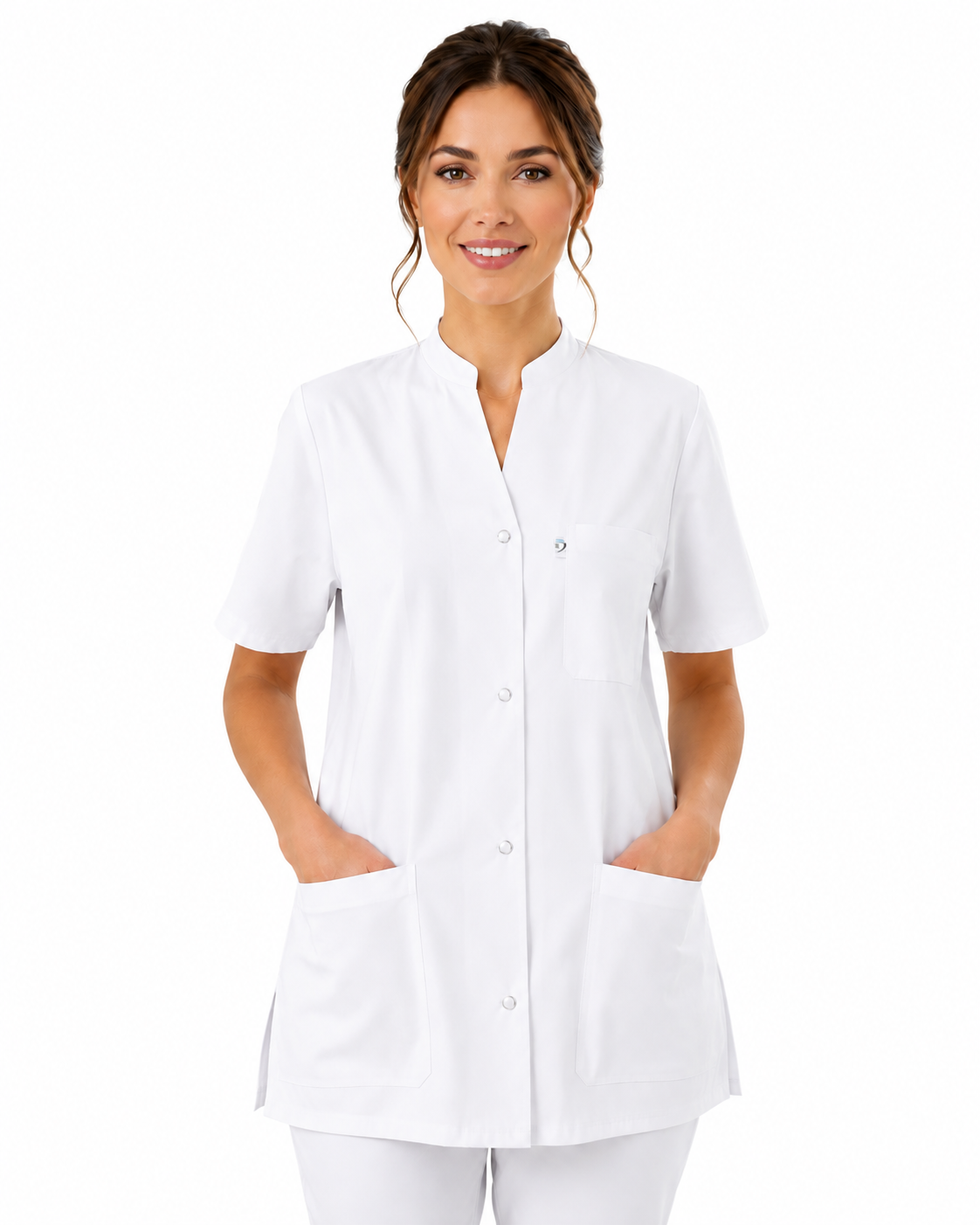Blouse médicale femme blanche 100% coton – Col V, veste ou officier – Boutons-pression – Infirmière & aide-soignante