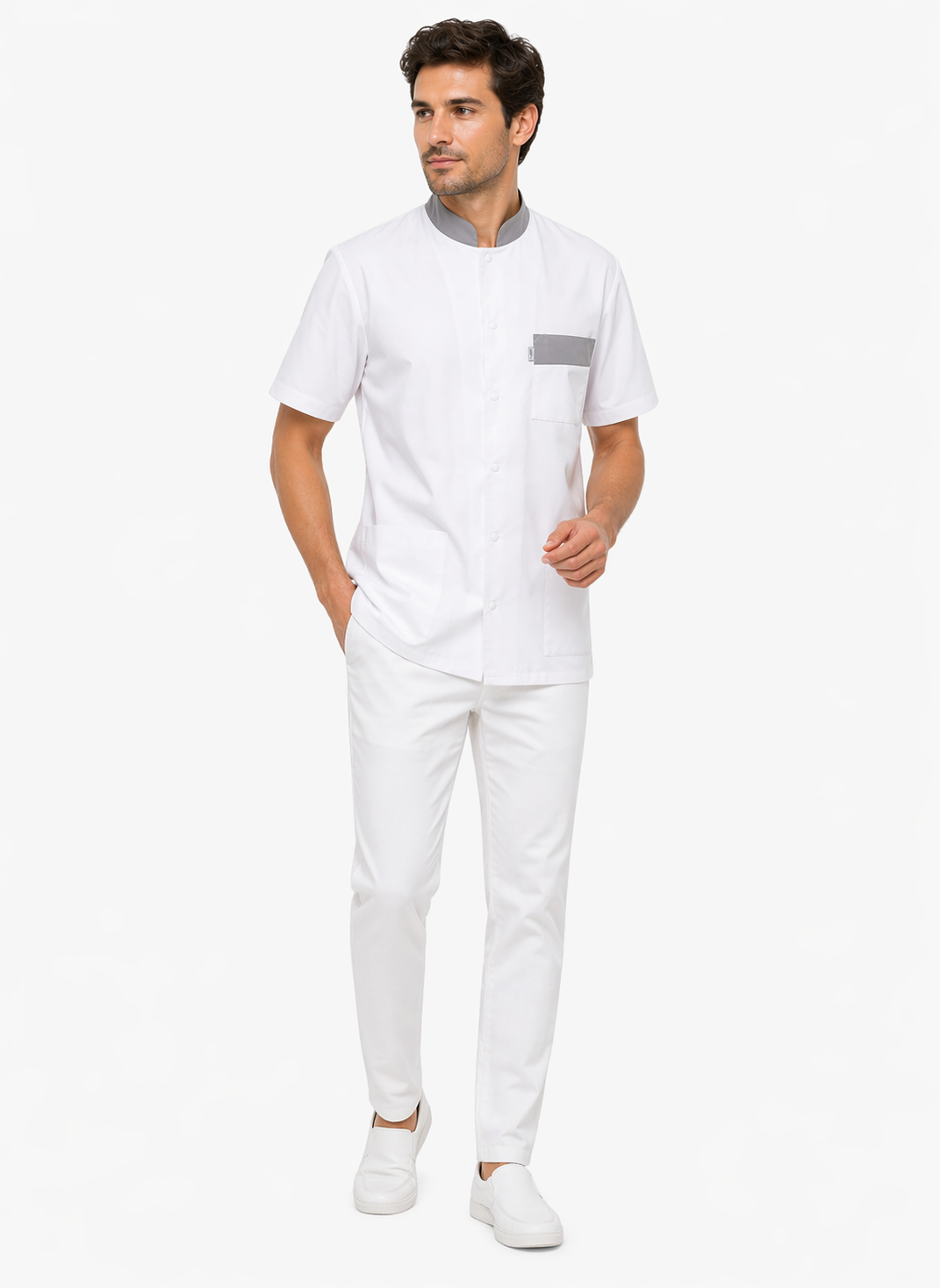 Unisex white medical tunic with mandarin collar and colored cuffs – snap fasteners