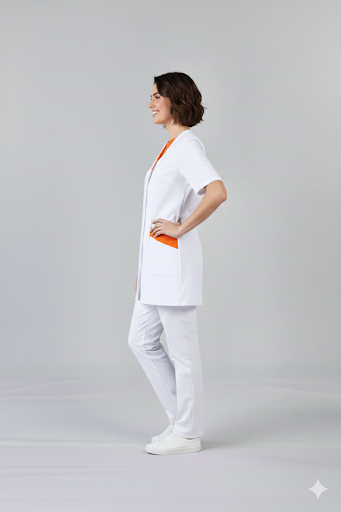 Blouse médicale femme col V boutons pression et parements colorés