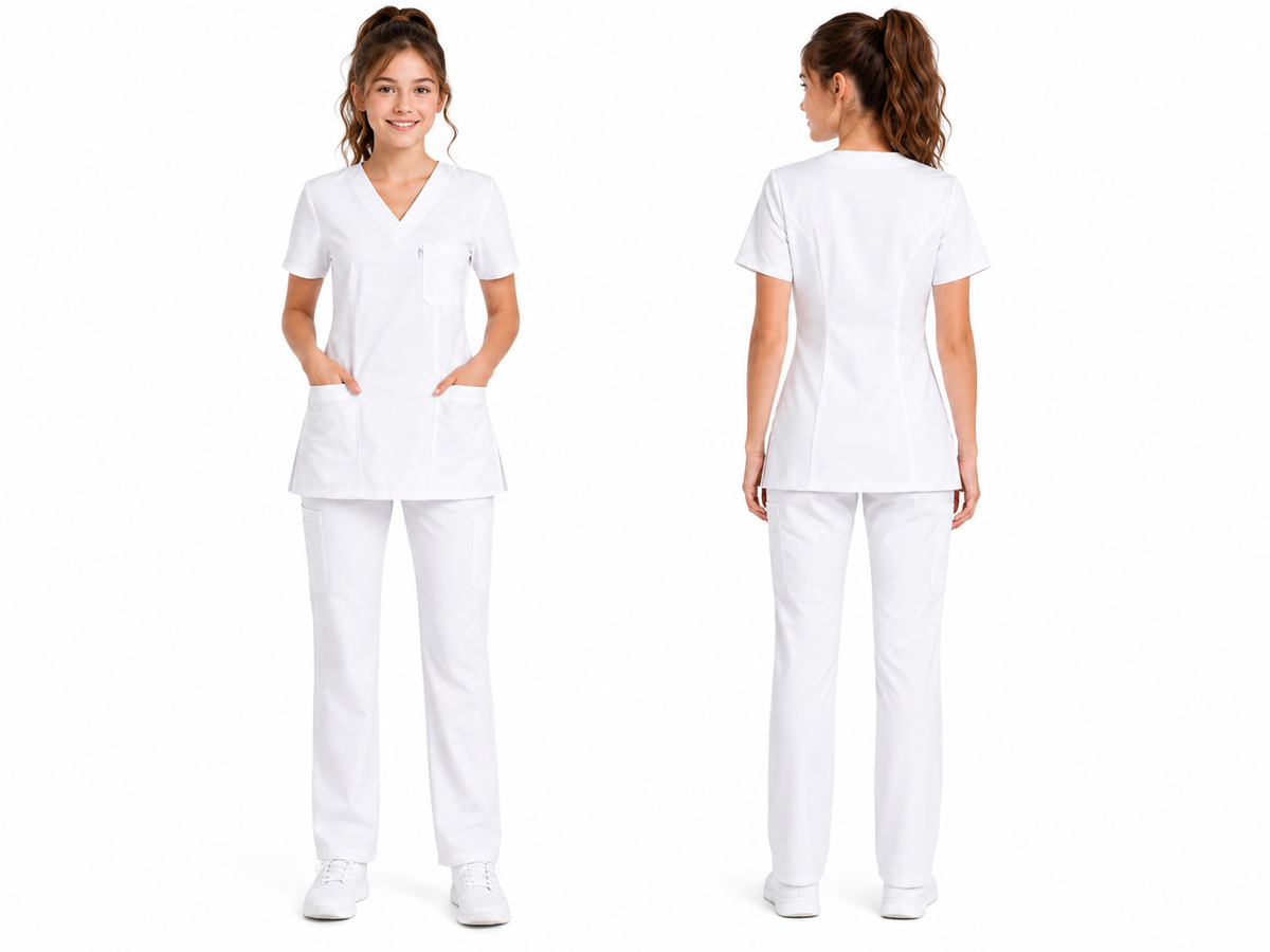 Tenue médicale femme blanche col V – Infirmière aide-soignante