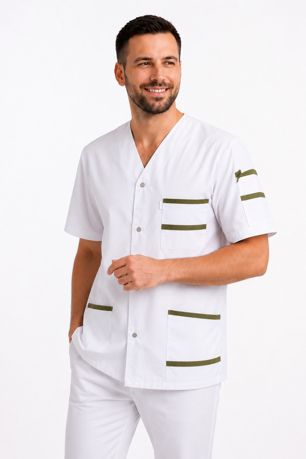 Men's white scrub top with colored trim V-neck – snap buttons