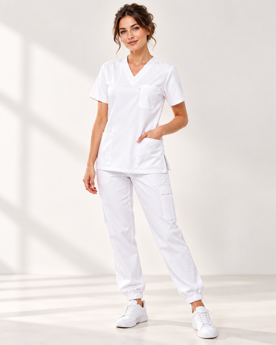 Ensemble médical unisexe blanc 100% coton – Tunique col V + pantalon 6 poches