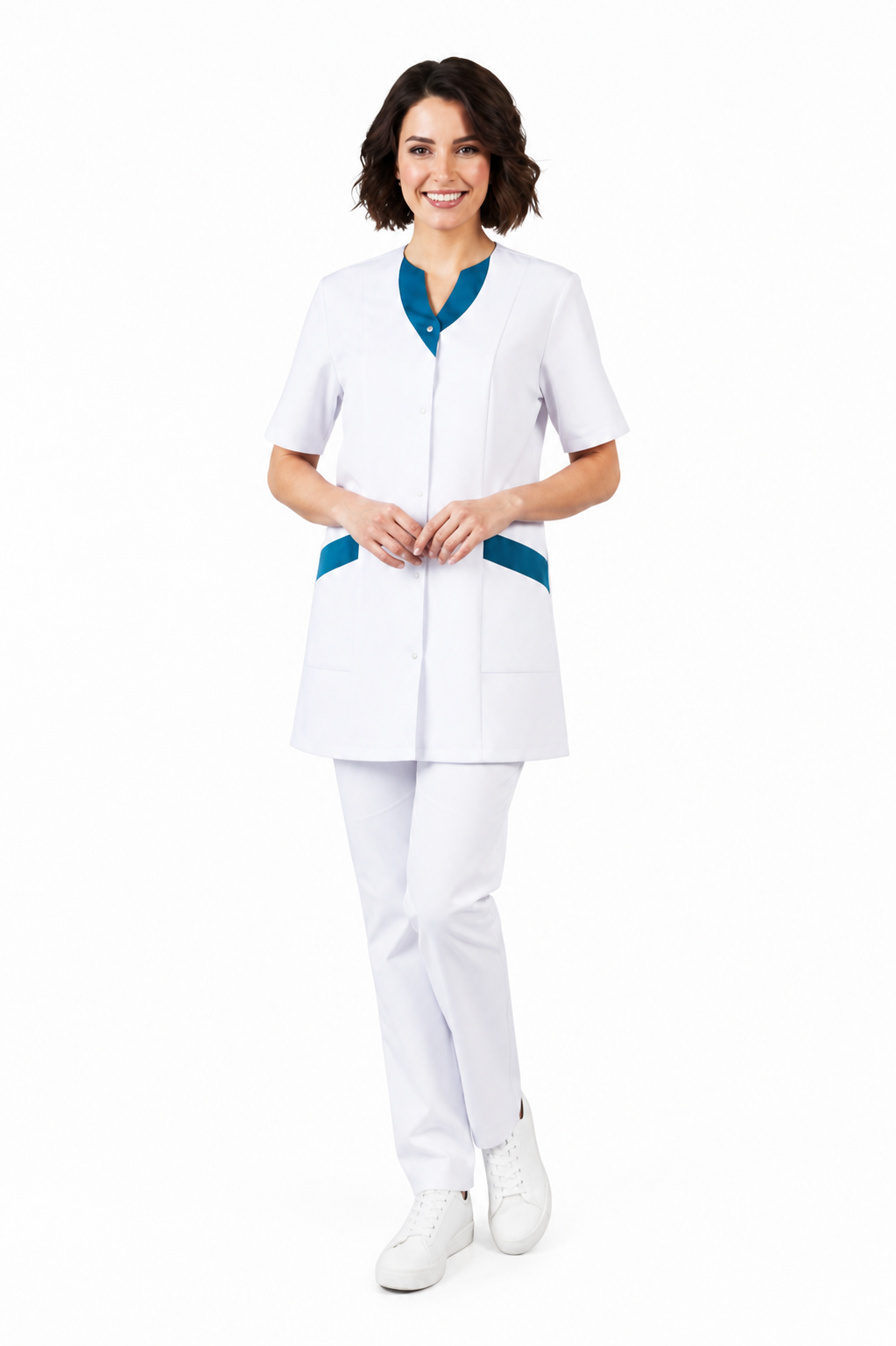 Women's V-neck scrub top with snap buttons and colored trim