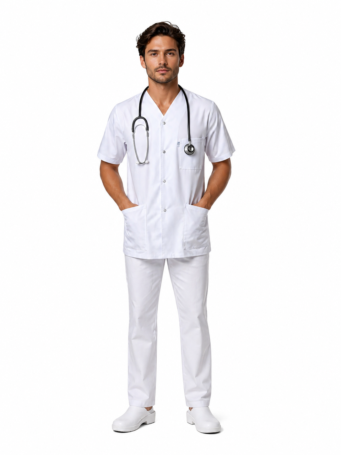 Unisex white V-neck medical scrub top – snap fasteners