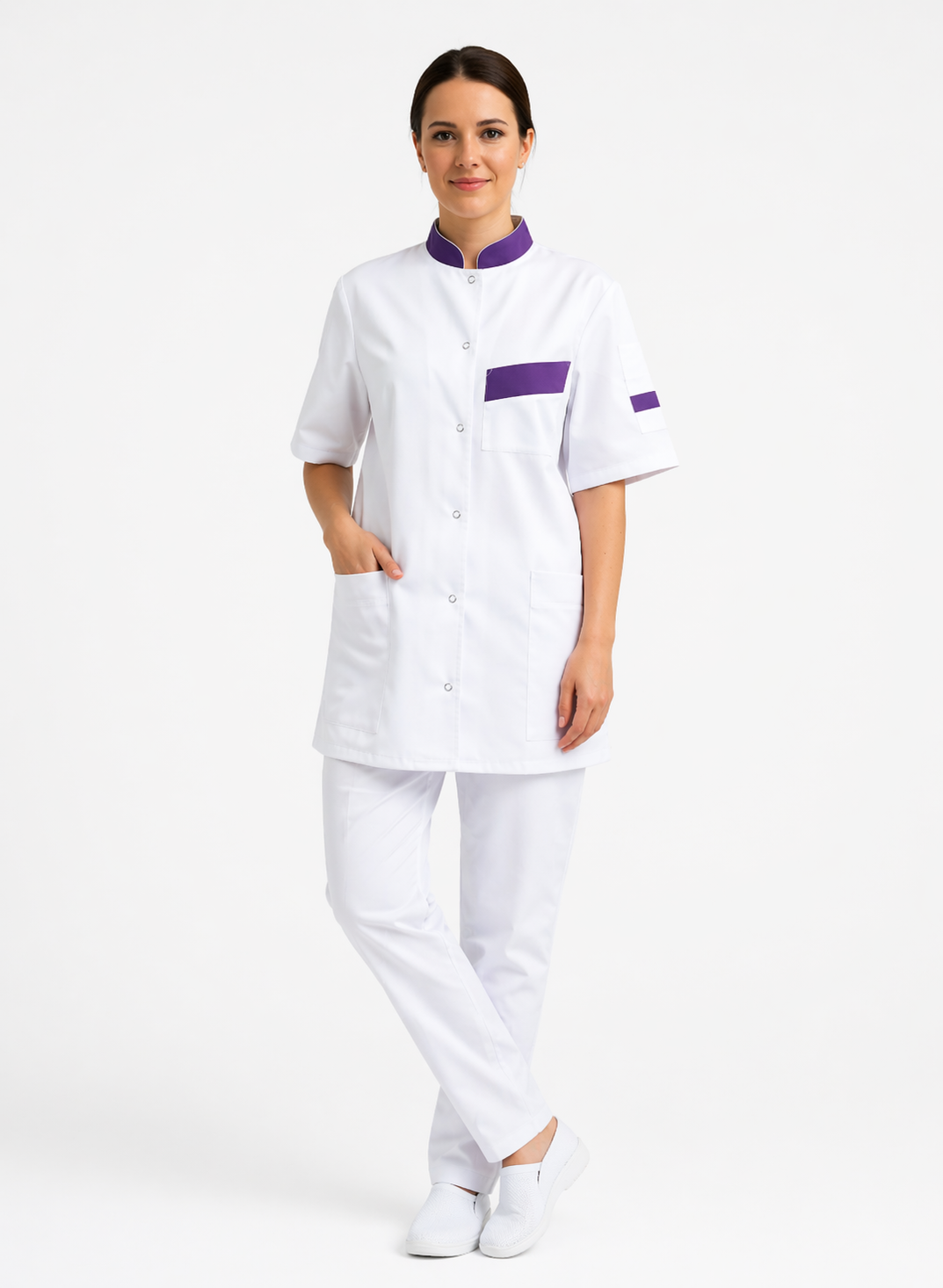 Unisex white medical tunic with mandarin collar and colored cuffs – snap fasteners
