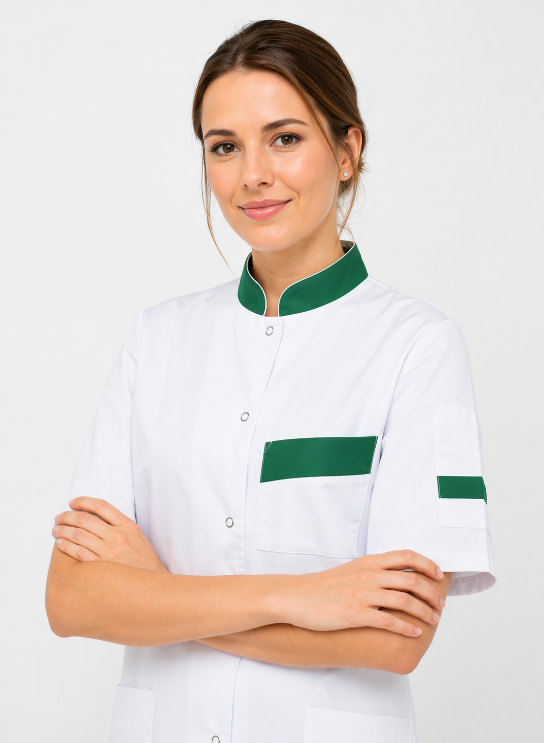 Unisex white medical tunic with mandarin collar and colored cuffs – snap fasteners